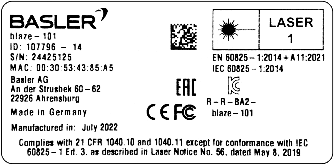 Product Label of the blaze-101 Camera