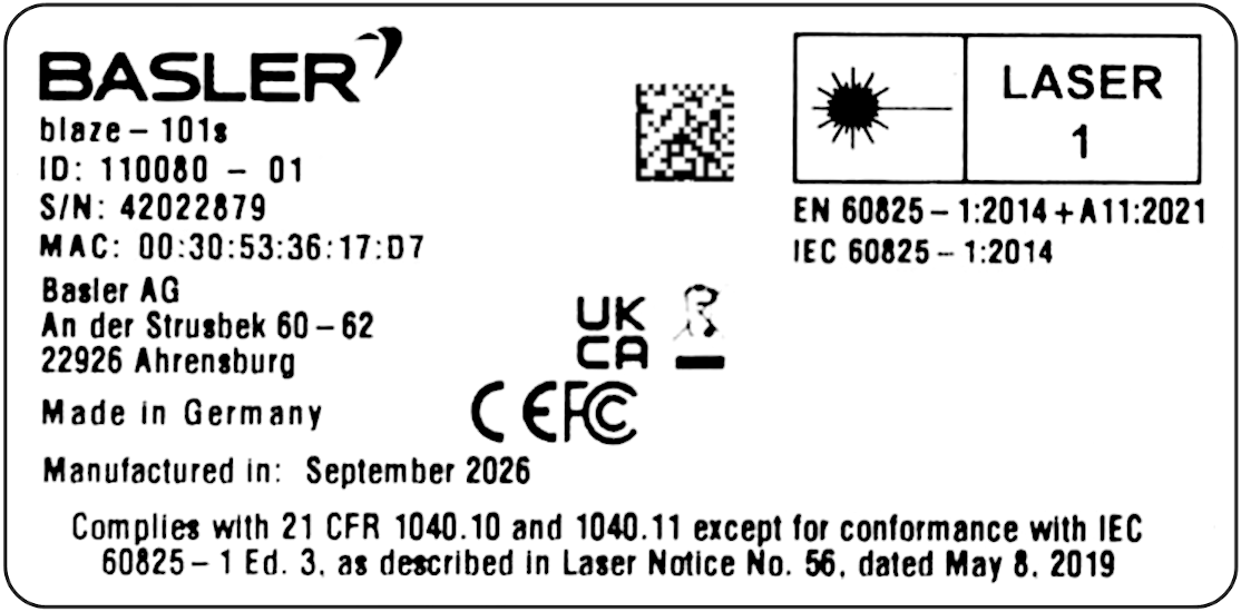 Product Label of the blaze-101s Camera Product Label of the blaze-101s Camera