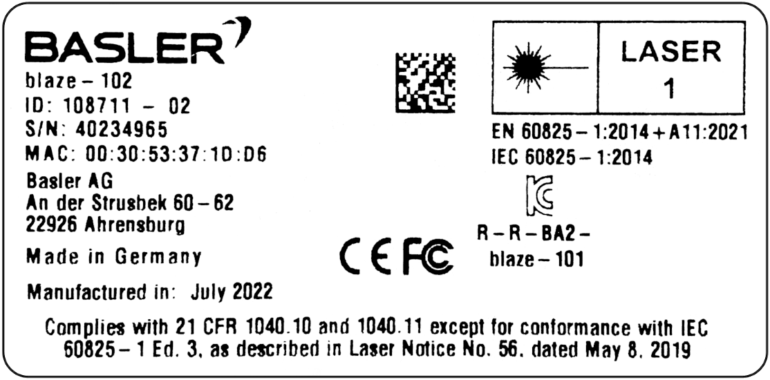 Product Label of the blaze-102 Camera