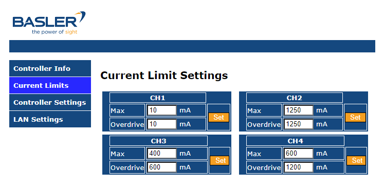 4C Controller Web Interface: Current Limits