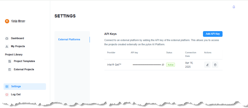 pylon AI Platform - Settings View pylon AI Platform - Settings View