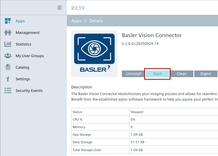 Starting the Basler Vision Connector