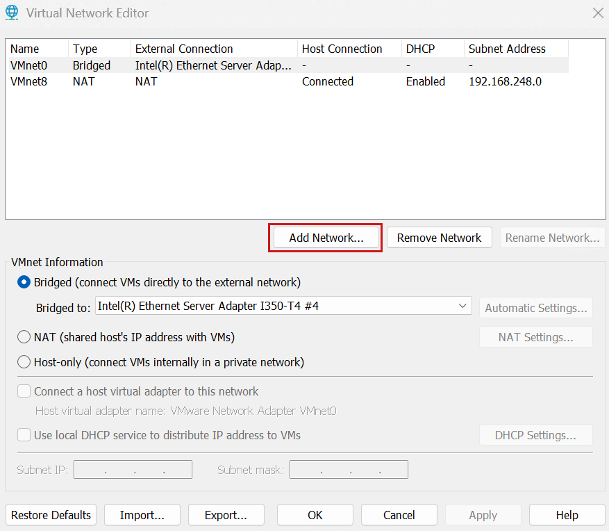 Virtual Network Editor: Add Network