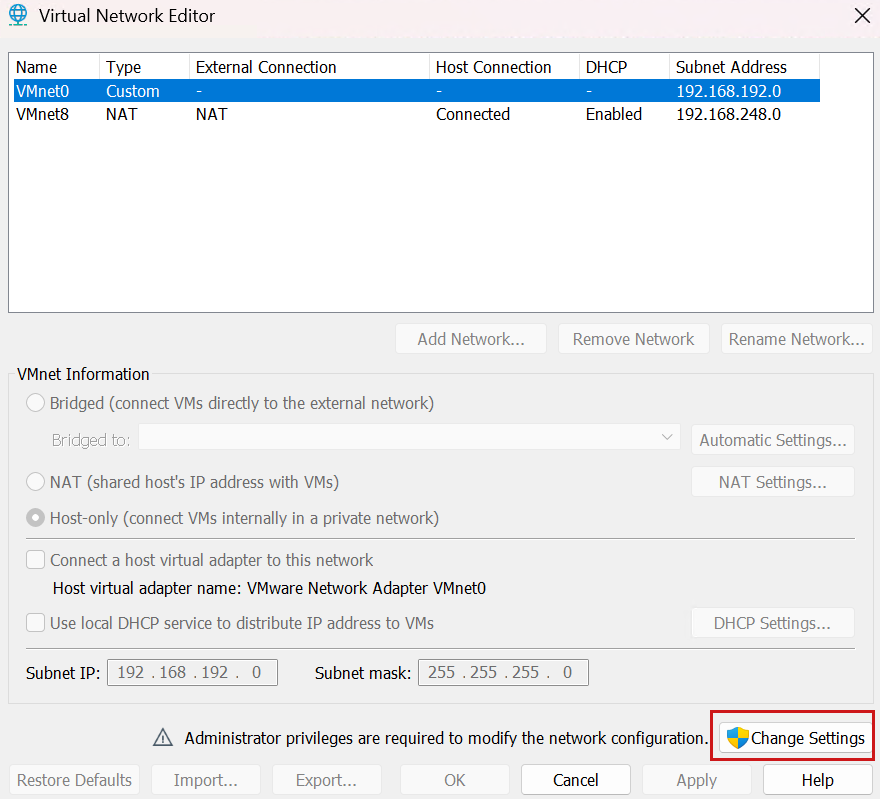 Virtual Network Editor: Change Settings