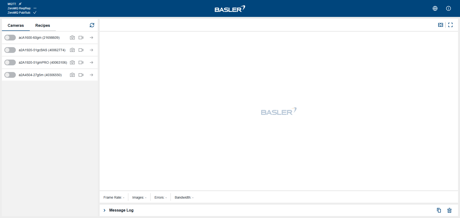 The Basler Vision Connector Web UI Start Screen The Basler Vision Connector Web UI Start Screen