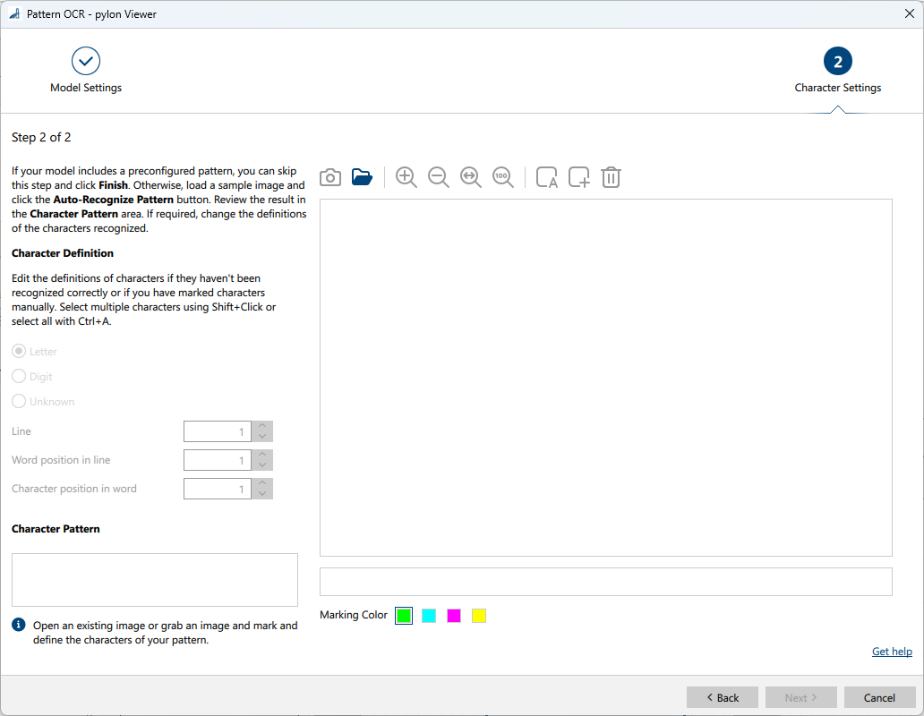 Pattern OCR vTool Character Settings Page