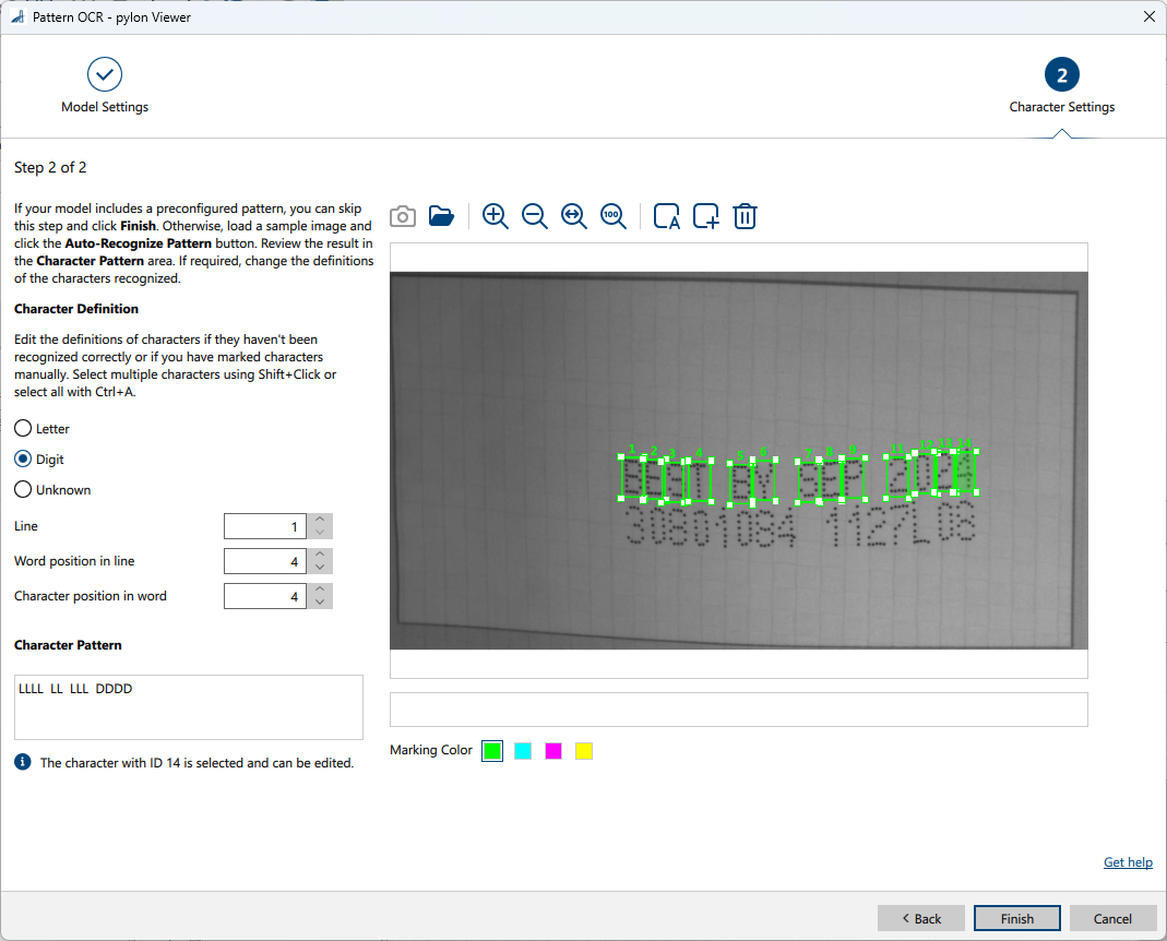 Pattern OCR vTool Character Settings Page