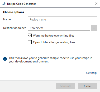 Recipe Code Generator Window