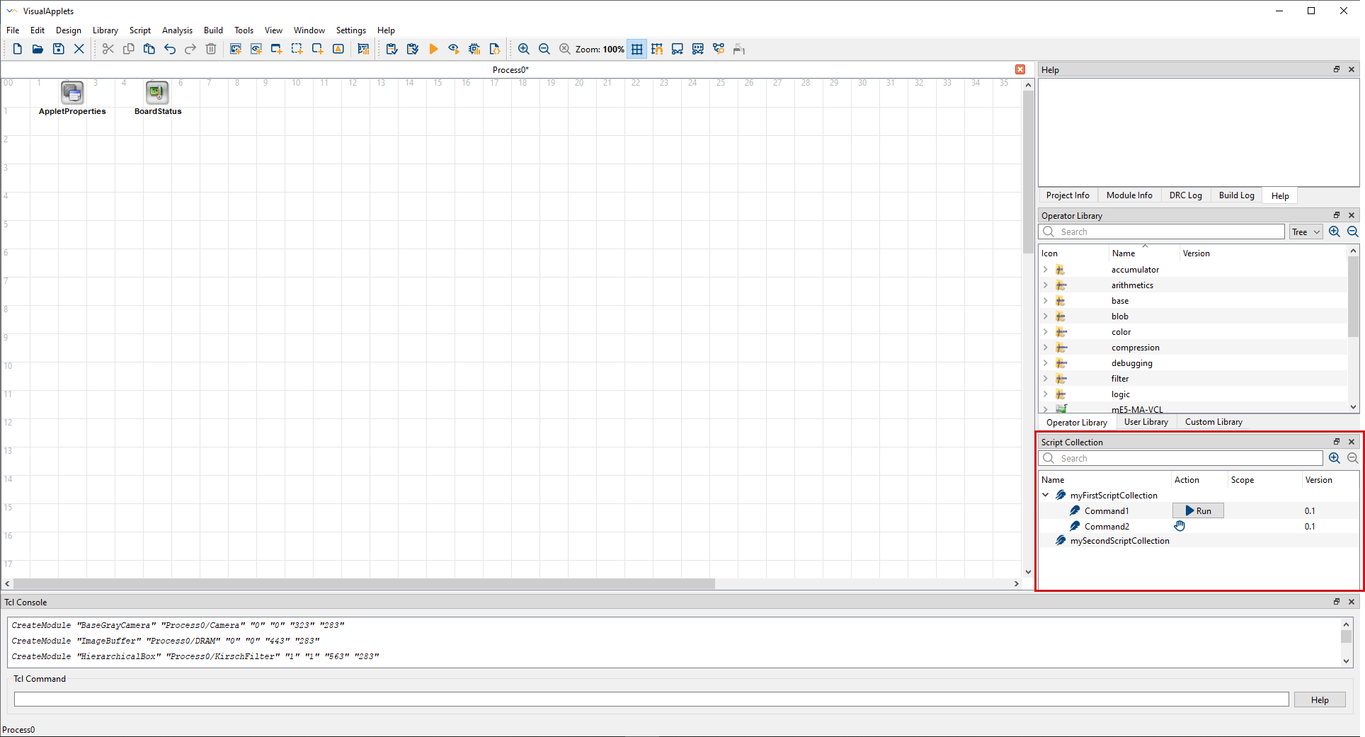 Script Collection in the VisualApplets program window