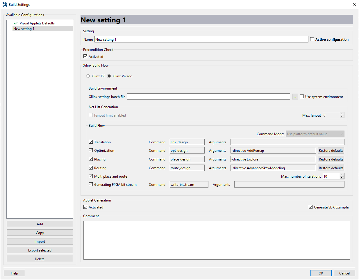 Build Settings Window