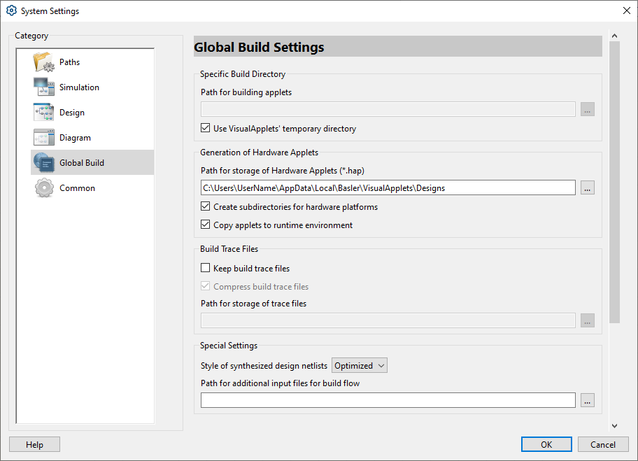 Dialog window for global build settings